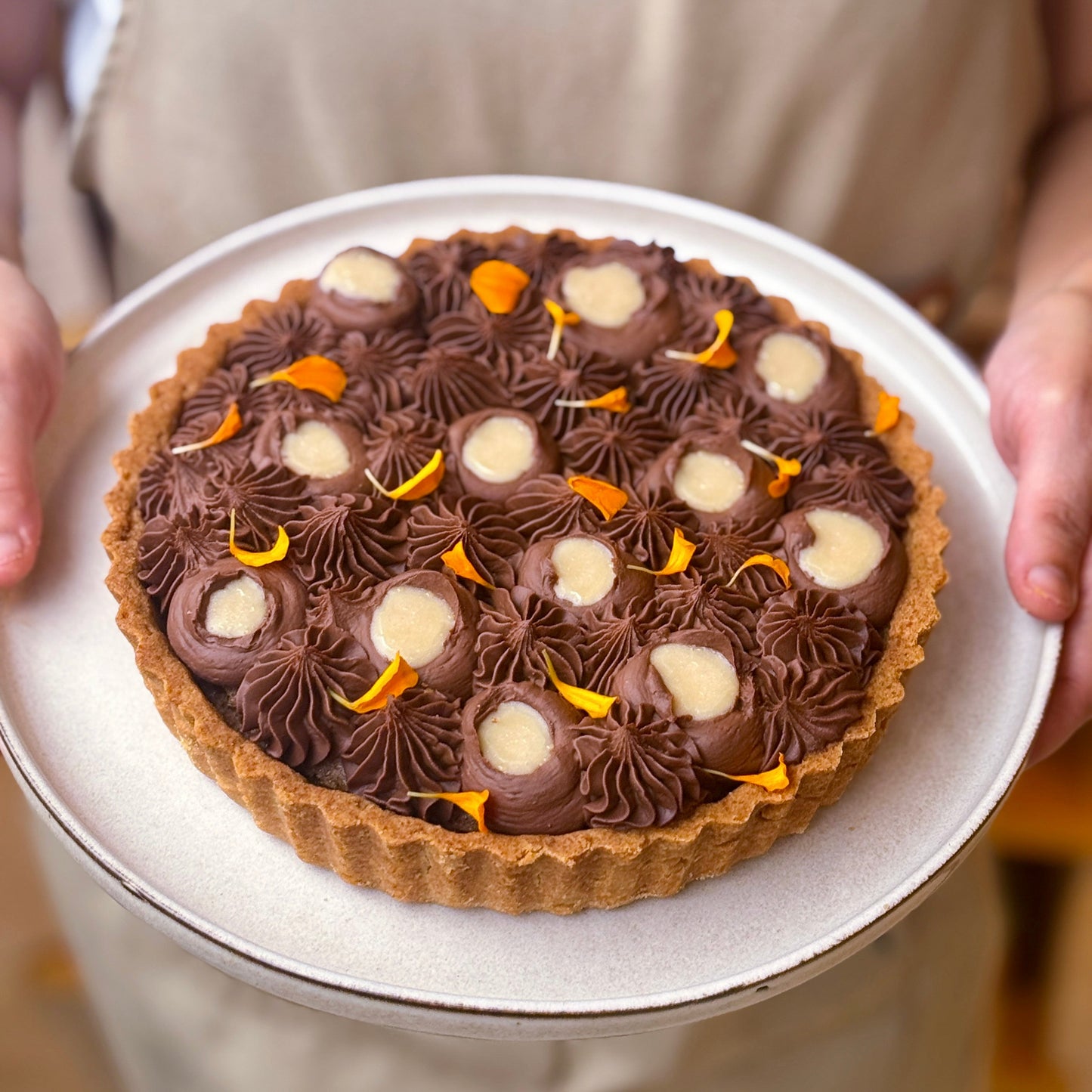 Date Pudding & Chocolate Ganache Tart with Salted Tahini