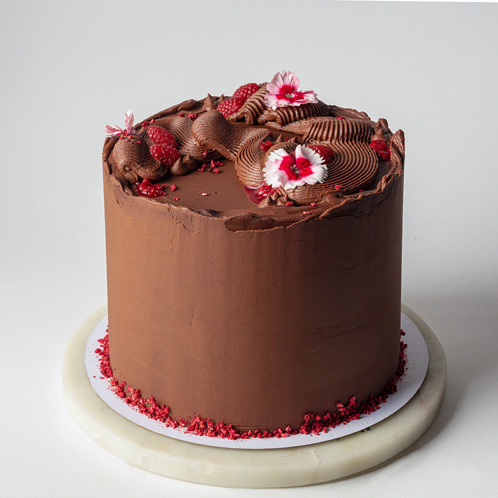 Chocolate Cake with Hibiscus Curd, Raspberry Compote & Dark Chocolate Ganache