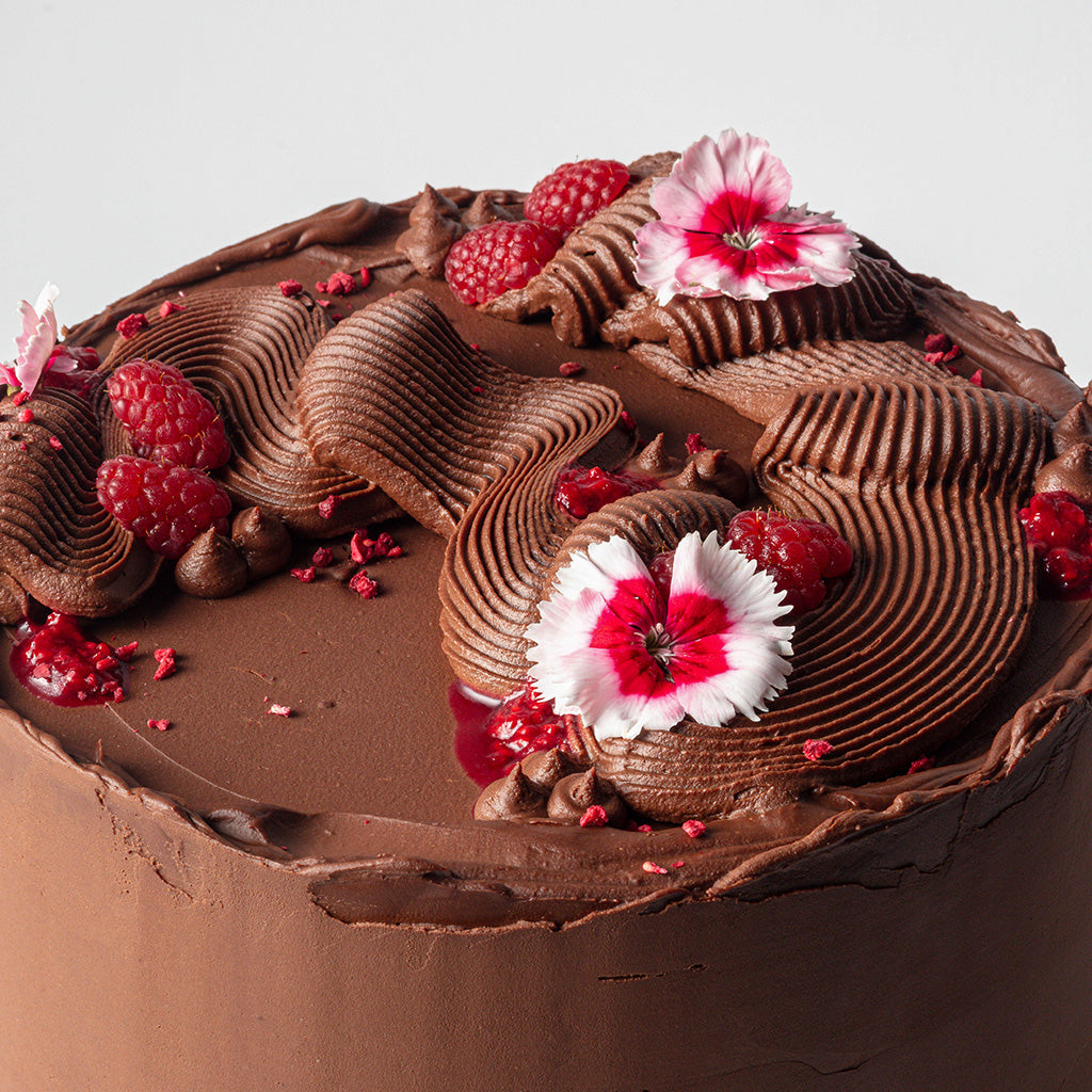 Chocolate Cake with Hibiscus Curd, Raspberry Compote & Dark Chocolate Ganache