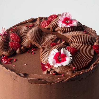 Chocolate Cake with Hibiscus Curd, Raspberry Compote & Dark Chocolate Ganache