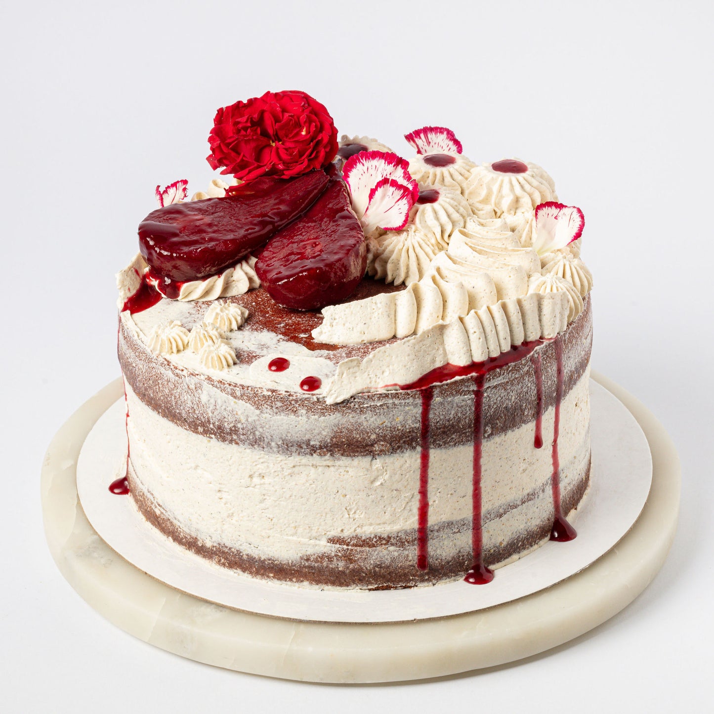 Beet Red Velvet, Hibiscus Poached Pears & Cardamom Mascarpone Cream