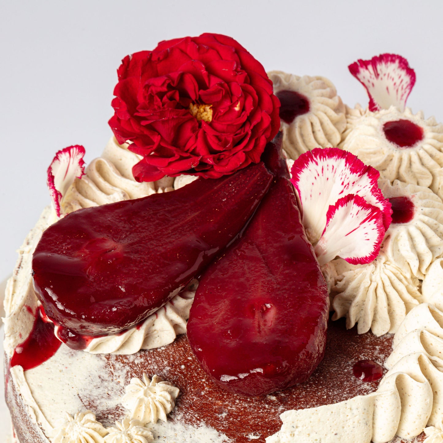 Beet Red Velvet, Hibiscus Poached Pears & Cardamom Mascarpone Cream