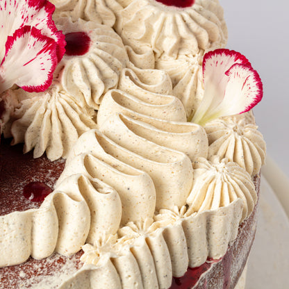 Beet Red Velvet, Hibiscus Poached Pears & Cardamom Mascarpone Cream