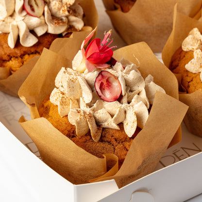 Pumpkin Cupcakes with Orange Cranberry Compote & Chai Cream